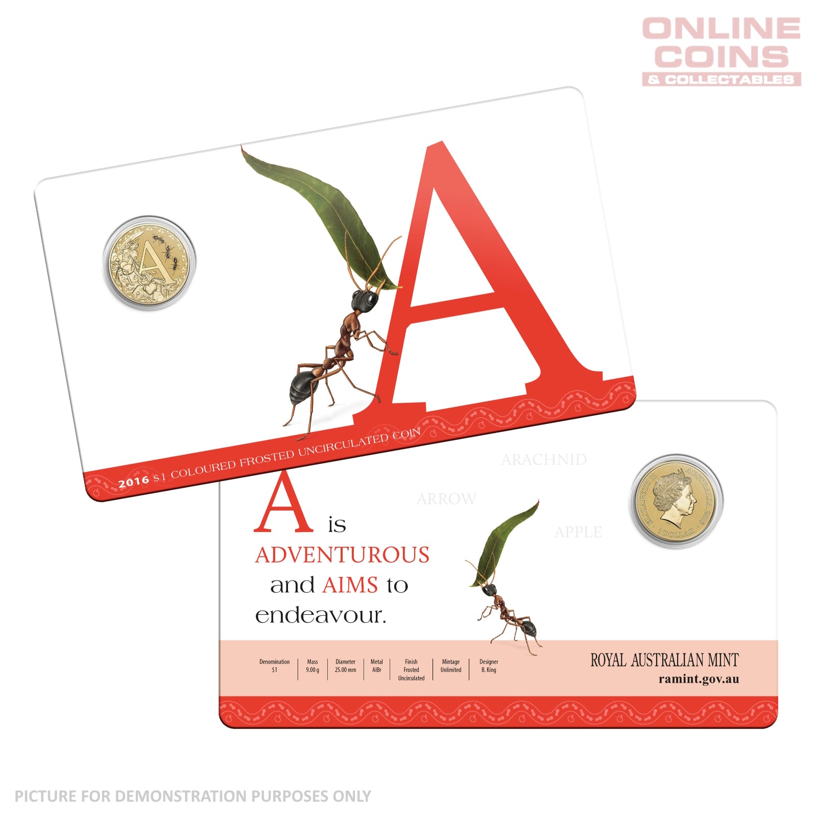 2016 $1 Coloured Alphabet Frosted Coin In Card - A for Ant